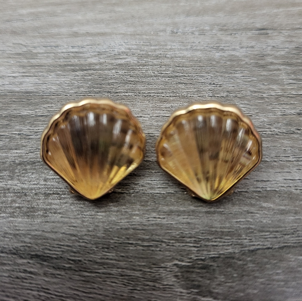 Vintage Napier Seashell Earrings Iridescent Lucite Gold Pierced 1980s - Picture 3 of 9